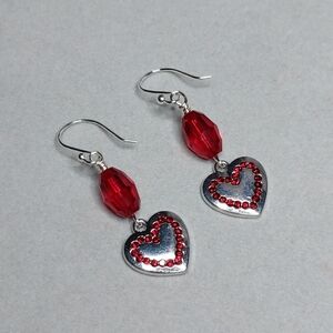 Red Glass Crystal Oval Silver Rhinestone Heart Charm Dangle Earrings